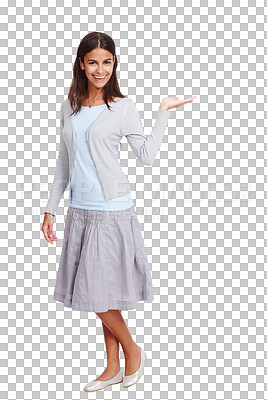 Buy stock photo Portrait, presentation and PNG with a woman isolated on a transparent background for advertising or marketing. Happy, smile and promotion with an attractive young female standing for an introduction