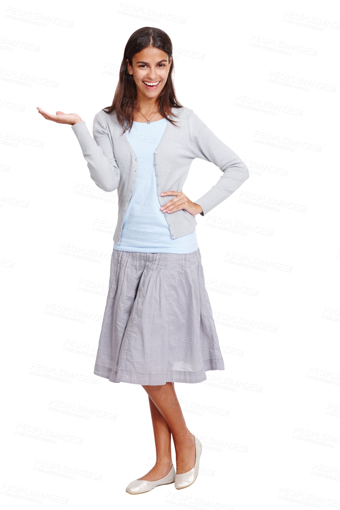 Buy stock photo Portrait, introduction and PNG with a woman isolated on a transparent background for advertising or marketing. Happy, smile and promotion with an attractive young female standing for a presentation