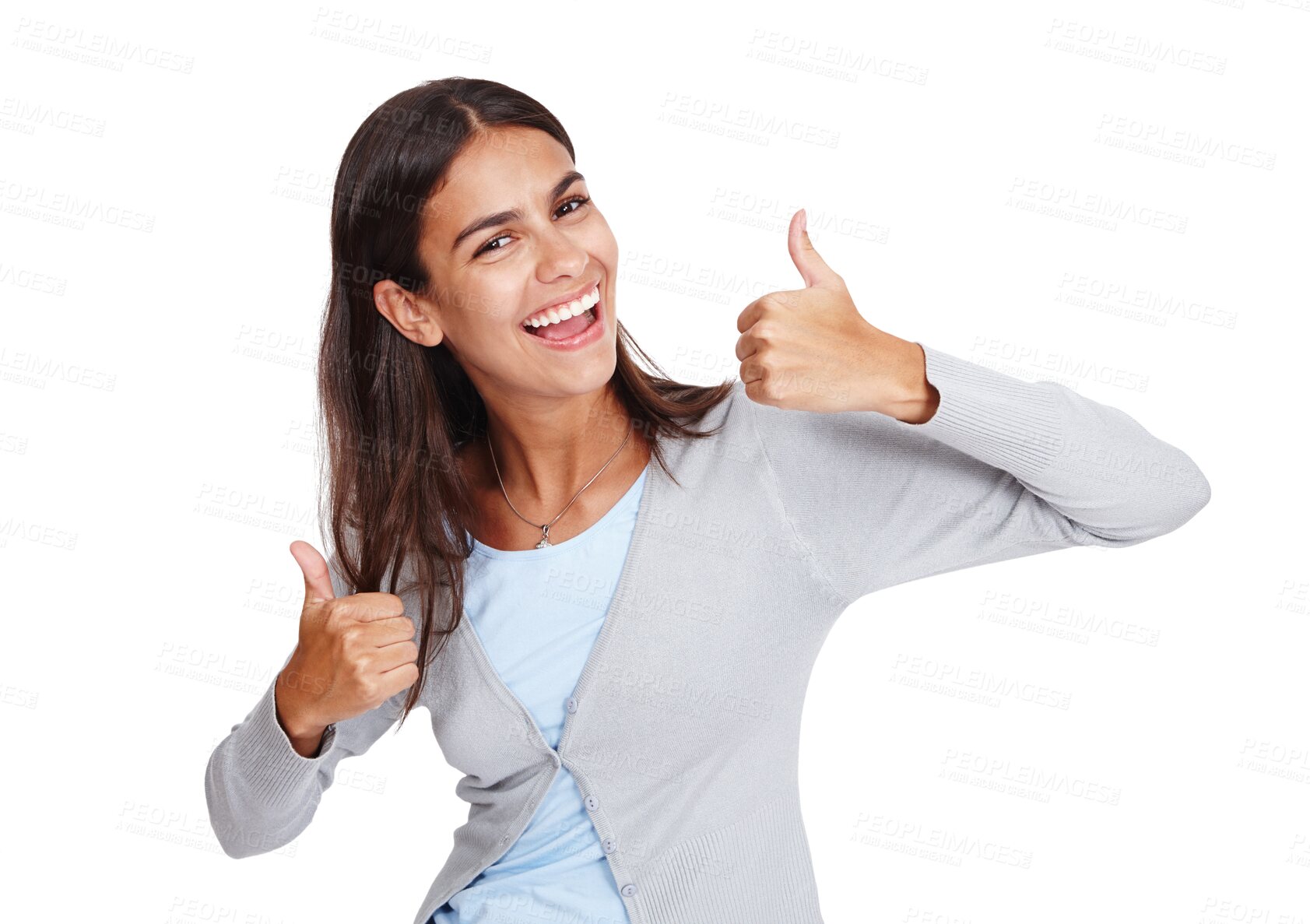 Buy stock photo Funny, thumbs up and portrait of woman for success isolated on transparent png background. Hand gesture, laughing and female person with like emoji for excellence, agreement or yes, thank you or vote