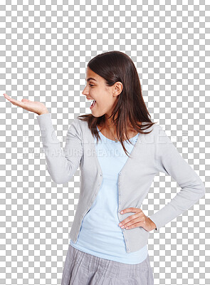 Buy stock photo Excited, presentation and PNG with a woman isolated on a transparent background for advertising or marketing. Happy, smile and promotion with an attractive young female standing for an introduction