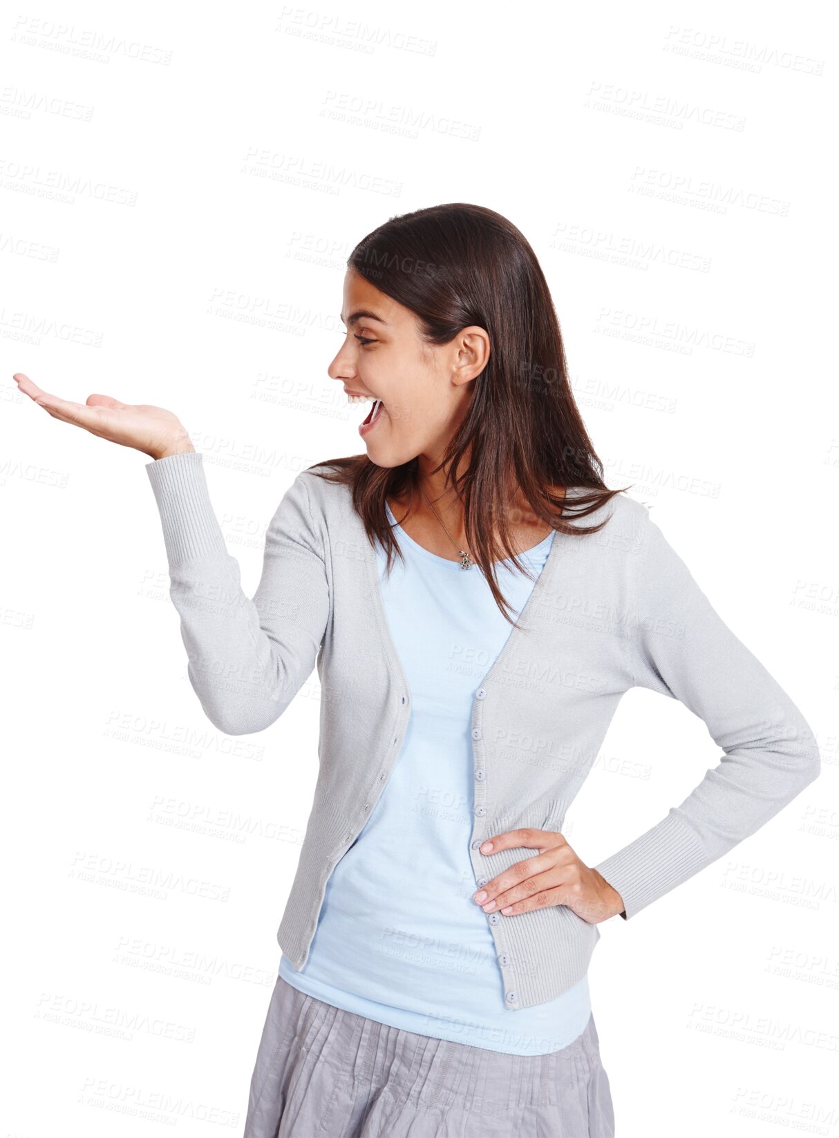 Buy stock photo Excited, presentation and PNG with a woman isolated on a transparent background for advertising or marketing. Happy, smile and promotion with an attractive young female standing for an introduction