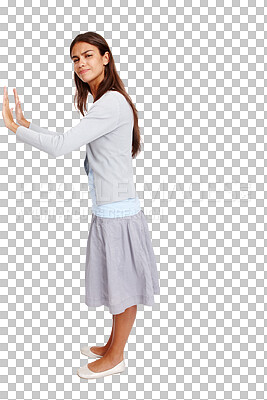 Buy stock photo Woman, portrait and hands pushing wall for advertising space isolated on a png, transparent background. Serious female model push or moving mockup for marketing announcement or promotion idea