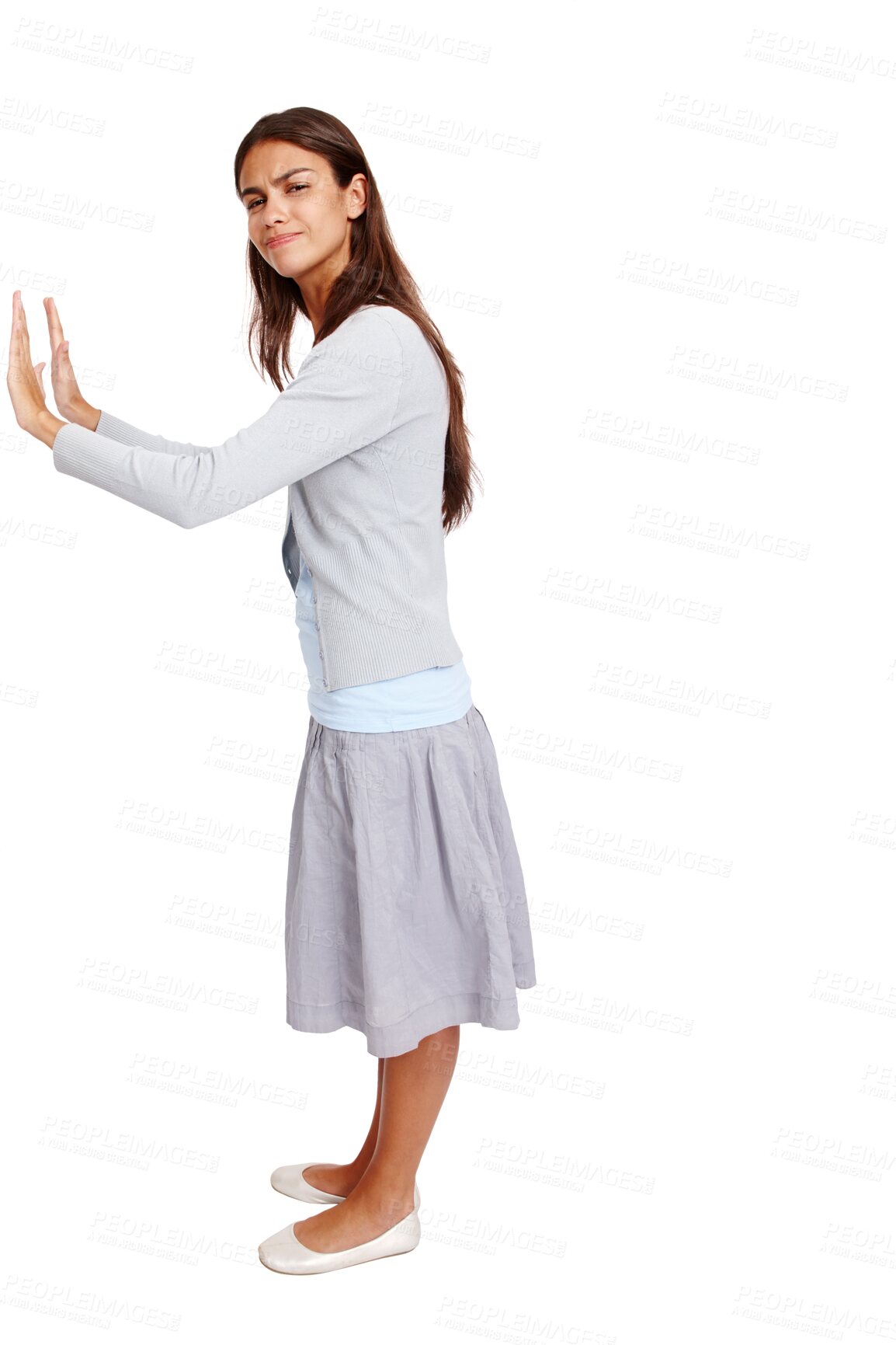 Buy stock photo Woman, portrait and hands pushing wall for advertising space isolated on a png, transparent background. Serious female model push or moving mockup for marketing announcement or promotion idea