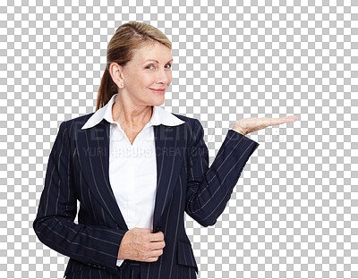 Buy stock photo Portrait, business woman and palm space isolated on transparent png background. Product placement, hand offer and happy senior person with advertising, marketing or promotion for commercial branding.