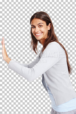 Buy stock photo Woman, hands and pushing wall portrait for advertising space isolated on a png, transparent background. Happy and excited female push or moving mockup for marketing announcement or promotion idea