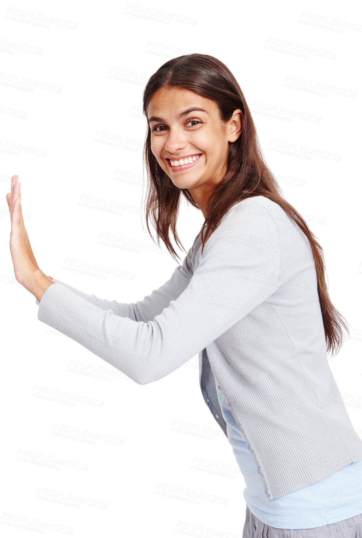 Buy stock photo Woman, hands and pushing wall portrait for advertising space isolated on a png, transparent background. Happy and excited female push or moving mockup for marketing announcement or promotion idea