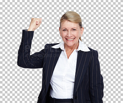 Buy stock photo Portrait, winner and happy business woman isolated on transparent png background. Achievement, celebration and senior person or professional with promotion, bonus or celebrate goal, target or success