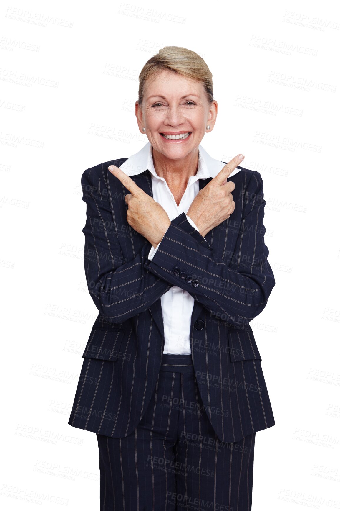 Buy stock photo Happy, elderly and portrait of woman pointing fingers and gesturing. Direction, showing and smile of senior business executive with hand gesture on a backdrop isolated on a transparent png background