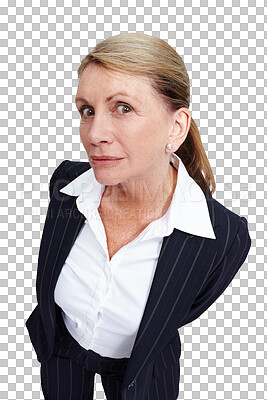 Buy stock photo Business, curious and portrait of senior woman, listening or lady isolated against a transparent studio background. Face, mature female employee and worker leaning, nosy and curiosity on png backdrop