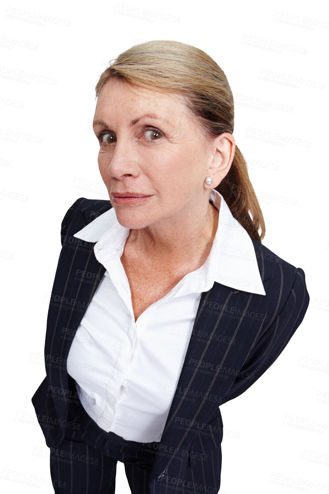 Buy stock photo Business, curious and portrait of senior woman, listening or lady isolated against a transparent studio background. Face, mature female employee and worker leaning, nosy and curiosity on png backdrop