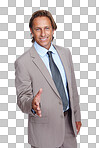 Businessman, portrait or handshake gesture on isolated on a png background in welcome, greeting or financial deal. Smile, happy or mature CEO in shaking hands gesture in finance partnership or thank you