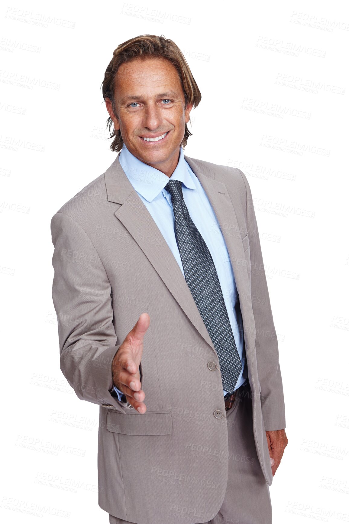 Buy stock photo Portrait, welcome and business man with handshake for opportunity or deal isolated on transparent png background. Shaking hands, thank you and happy mature person with agreement, onboarding or intro