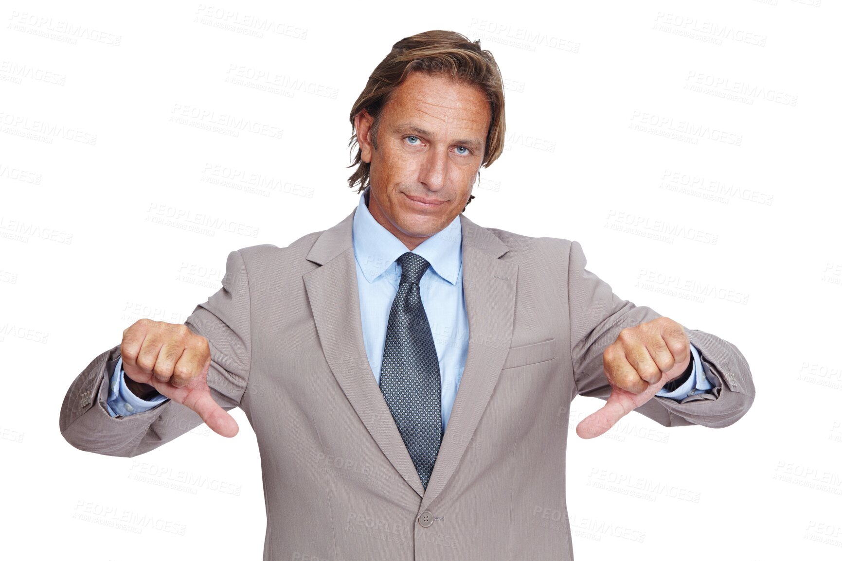 Buy stock photo Portrait, sad and business man with thumbs down isolated on a transparent png background. Fail, hand gesture and mature person with dislike emoji for wrong, negative opinion or no, vote or rejection.