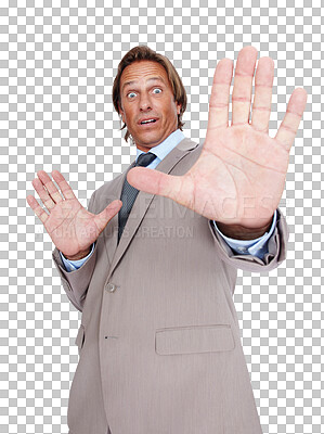 Buy stock photo Stop, shocked and business man isolated on a transparent, png background with surprise, scared and horror news. Portrait of a professional or corporate person with hands or palm for risk or conflict