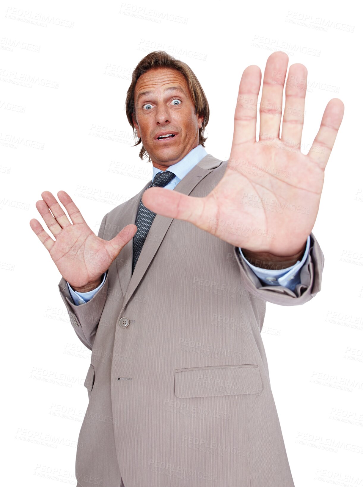 Buy stock photo Stop, shocked and business man isolated on a transparent, png background with surprise, scared and horror news. Portrait of a professional or corporate person with hands or palm for risk or conflict