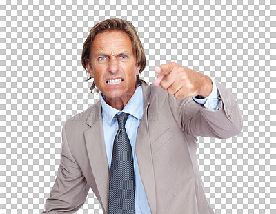 Buy stock photo Portrait, pointing to you and man angry, frustrated and guy isolated against a transparent studio background. Face, male employee and worker with anger, fight and conflict with issues on png backdrop