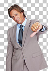 Businessman, thumbs down and bad news, disappointment or failure against a isolated on a png background. Portrait of a isolated business man pointing down thumbs in disapproval, wrong or incorrect gesture