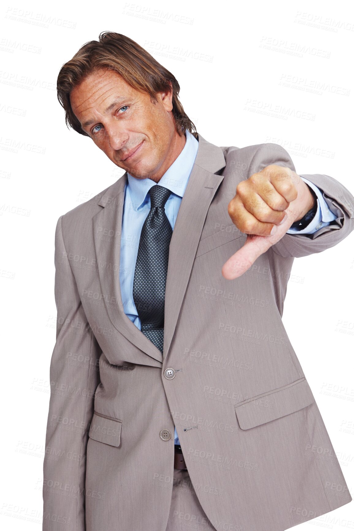 Buy stock photo Portrait, serious and business man with thumbs down isolated on a transparent png background. Fail, hand gesture and mature person with dislike emoji for wrong, negative opinion or no, vote or reject