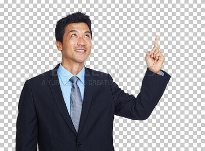 Buy stock photo Happy businessman, finger or pointing up for finance investment, loan or insurance deal offer. Smile, hand or Asian worker showing marketing, logo or advertising while isolated on png background