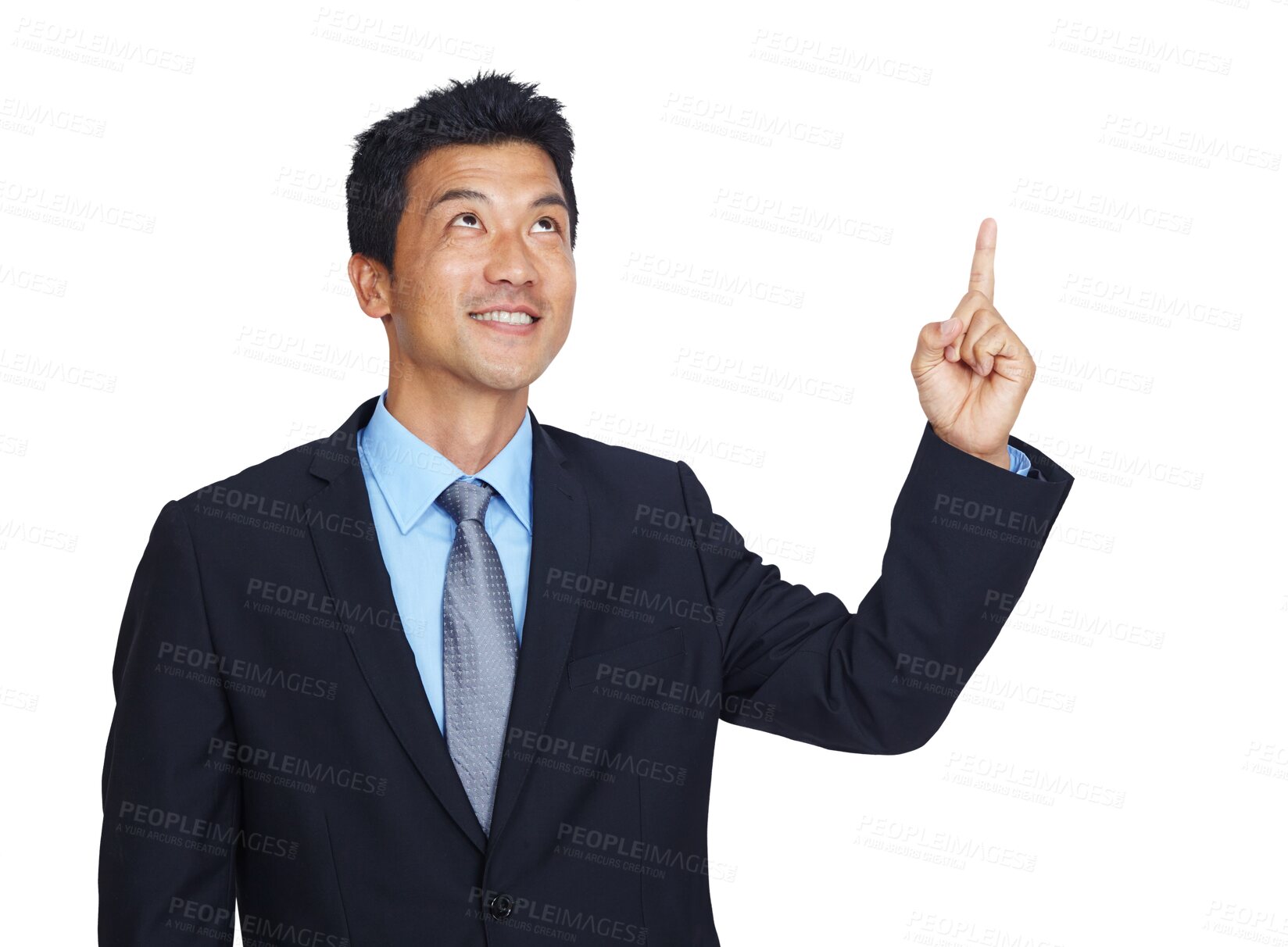 Buy stock photo Happy businessman, finger or pointing up for finance investment, loan or insurance deal offer. Smile, hand or Asian worker showing marketing, logo or advertising while isolated on png background