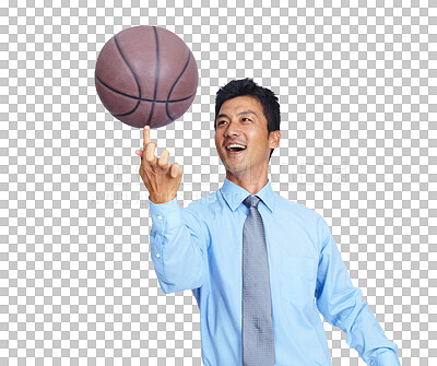 Buy stock photo Happy business man spinning basketball on fingers for sports while isolated on a transparent png background. Asian male, manager and ball skill for coaching, training and energy of corporate talent