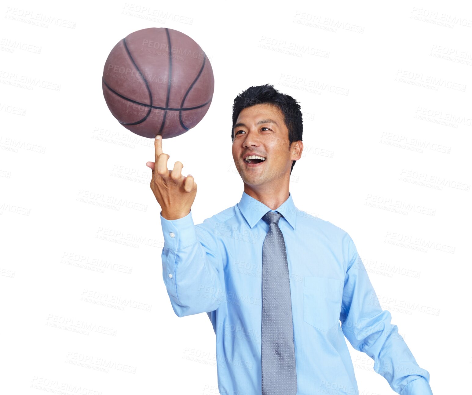 Buy stock photo Happy business man spinning basketball on fingers for sports while isolated on a transparent png background. Asian male, manager and ball skill for coaching, training and energy of corporate talent