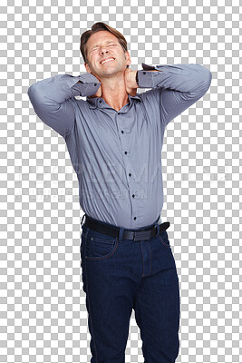 Buy stock photo Neck pain injury, accident or businessman with emergency crisis or hurt employee in work injury agony. Burnout, injured or male worker stressed by muscle strain isolated on transparent png background