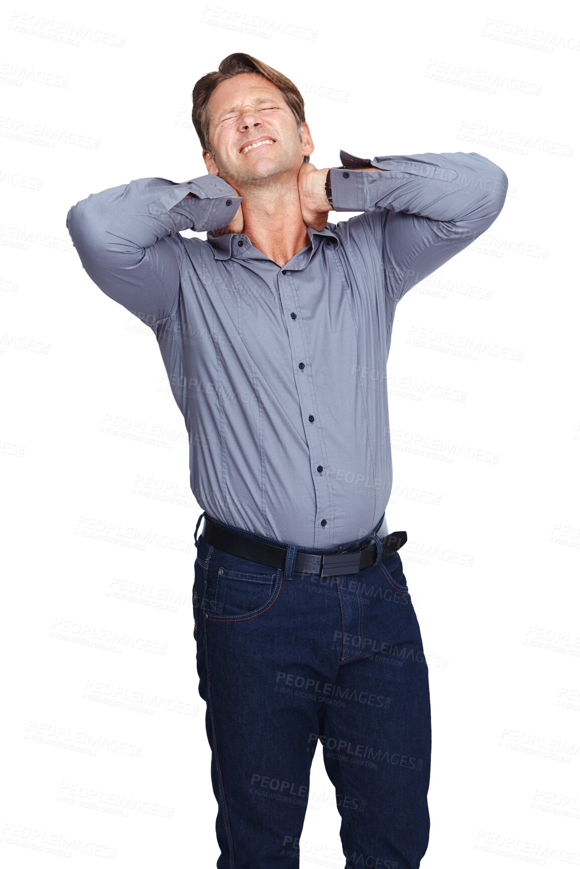 Buy stock photo Neck pain injury, accident or businessman with emergency crisis or hurt employee in work injury agony. Burnout, injured or male worker stressed by muscle strain isolated on transparent png background