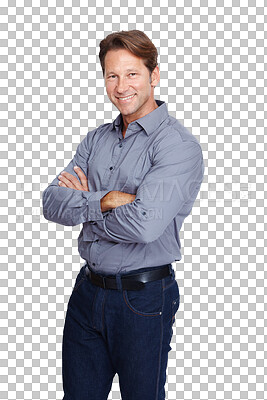 Buy stock photo Portrait, smile and business man with arms crossed isolated on a transparent png background. Ceo, professional male and happy, pride and confident entrepreneur, mature person or boss from Canada.