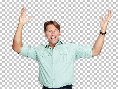 Buy stock photo Portrait, hands up or excited businessman in celebration or success or deal isolated on png background. Crazy winner, transparent or happy person cheering to celebrate winning or victory achievement