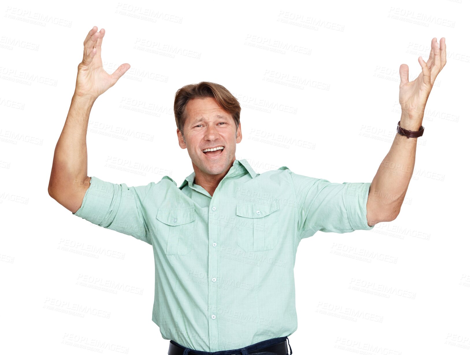 Buy stock photo Portrait, hands up or excited businessman in celebration or success or deal isolated on png background. Crazy winner, transparent or happy person cheering to celebrate winning or victory achievement