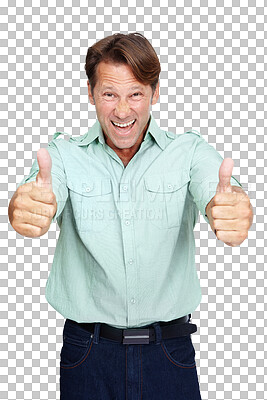 Buy stock photo Excited, portrait and man with thumbs up for success isolated on a transparent png background. Hand gesture, funny and person with like emoji for agreement, thank you or ok, yes or vote for winner.