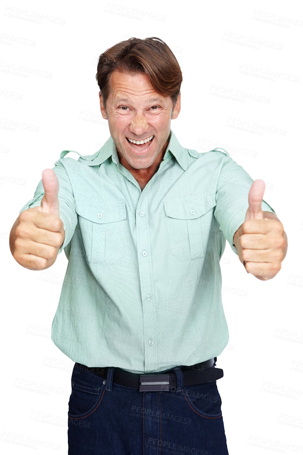 Buy stock photo Excited, portrait and man with thumbs up for success isolated on a transparent png background. Hand gesture, funny and person with like emoji for agreement, thank you or ok, yes or vote for winner.