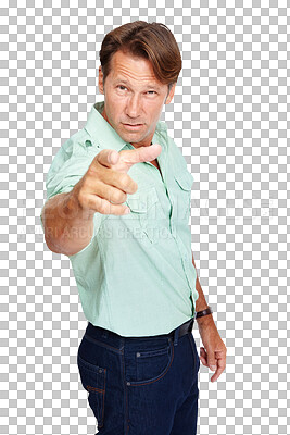 Buy stock photo Portrait, angry or frustrated businessman pointing, upset or unhappy isolated on transparent png background. Hey you, trouble or mature person with hand gesture in argument fight, issues or problems