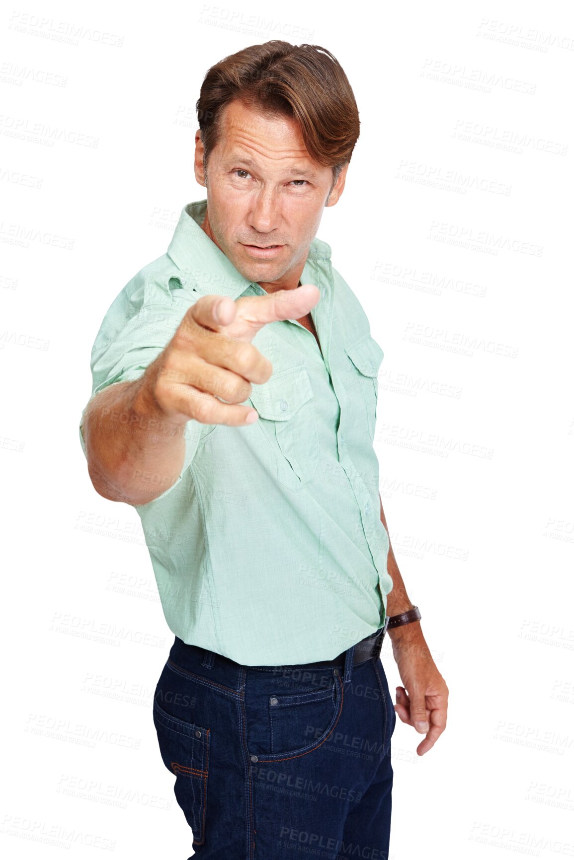 Buy stock photo Portrait, angry or frustrated businessman pointing, upset or unhappy isolated on transparent png background. Hey you, trouble or mature person with hand gesture in argument fight, issues or problems