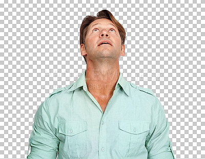 Buy stock photo Idea, thinking or mature businessman looking up with uncertainty, wonder or contemplation. Doubt, pensive or thoughtful person in a fashionable or casual shirt isolated on transparent png background