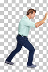 A Man, pushing and obstacle or frame in struggle . Isolated casual male walking to push heavy weight or shield using physical effort with expression or gesture isolated on a png background