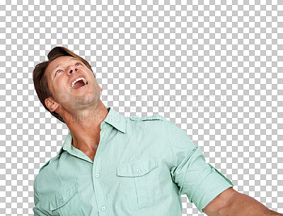 Buy stock photo Surprise, wow and man looking up isolated on a transparent, png background for product placement or advertising. Happy, news or announcement with model or person reading above for amazing or shocked