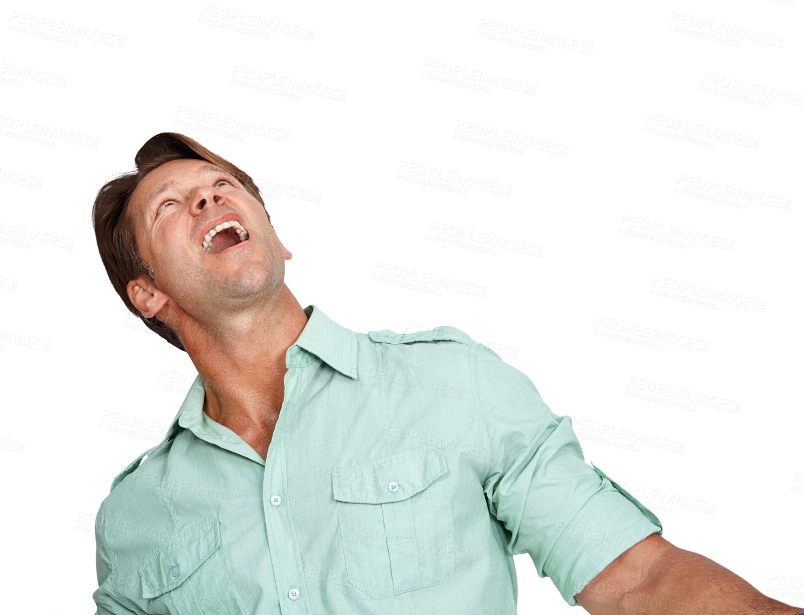 Buy stock photo Surprise, wow and man looking up isolated on a transparent, png background for product placement or advertising. Happy, news or announcement with model or person reading above for amazing or shocked