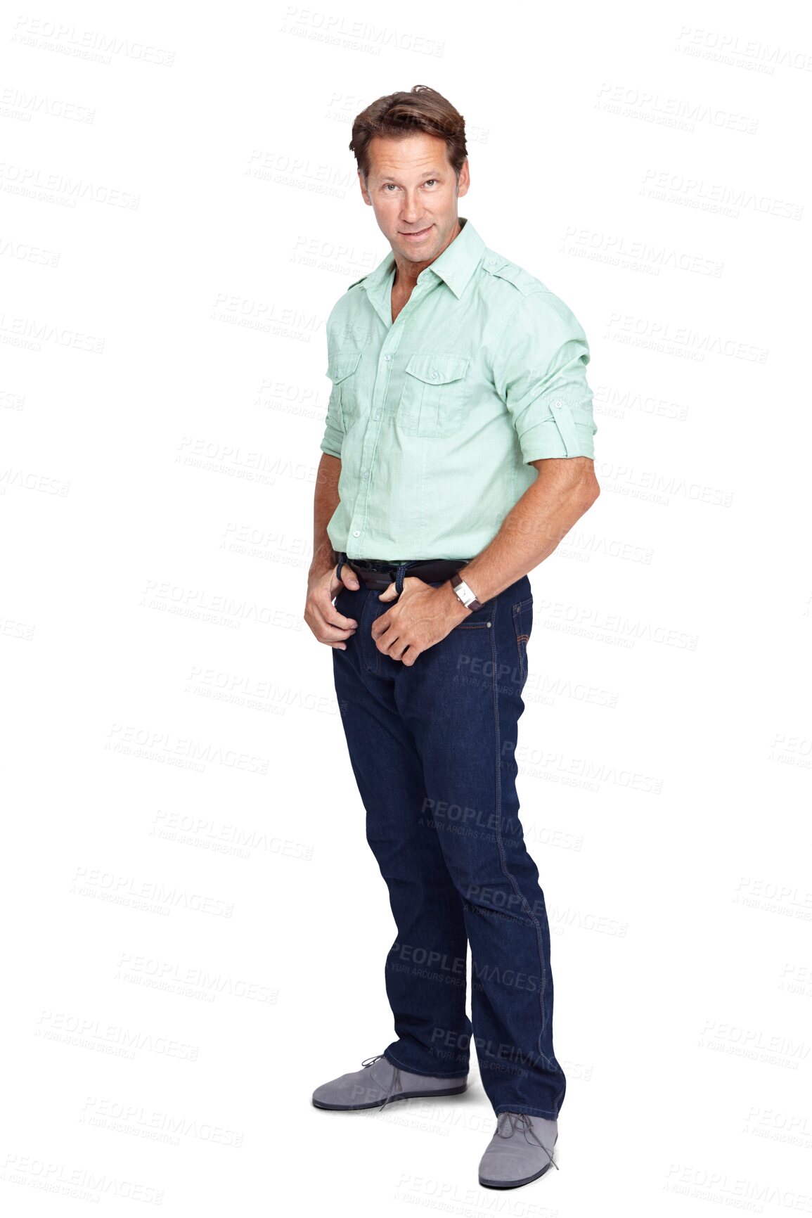 Buy stock photo Portrait, full body or man, fashion or cool style clothes for a clothing brand isolated on png background. Confident attitude, shirt or mature male model in a trendy jeans outfit with confidence 