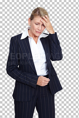 Buy stock photo Stress, mistake or business woman with headache overwhelmed by thinking of problems or failure. Burnout, confused or frustrated mature entrepreneur overworked isolated on transparent png background 