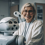 Elderly doctor, robot and hospital for future of healthcare in portrait, smile or happiness for ai machine. Woman, happy medic or robotic assistant in clinic for futuristic help for research at lab