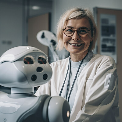 Buy stock photo Elderly doctor, robot and hospital for future of healthcare with smile, automation and development in lab. Woman medic, robotic assistant and ai generated portrait in clinic for research innovation