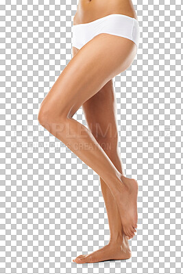 Buy stock photo Closeup, legs and woman with skincare, dermatology and grooming isolated against a transparent studio background. Zoom, female and lady with fitness, leg and salon luxury treatment on png backdrop