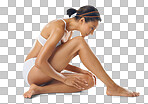 Body care, beauty and woman in underwear with a wellness, skin care and natural routine. Cosmetic, spa and female model from Mexico with a smooth body treatment posing by isolated on a png background