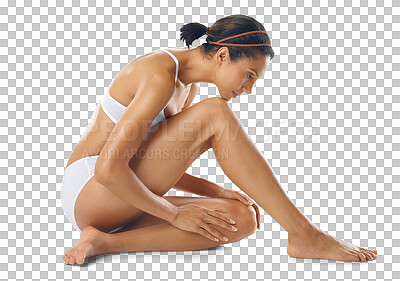 Buy stock photo Body care, health and woman with a epilation, waxing or shaving legs treatment. Beauty, cosmetic and female model with natural and healthy hair removal routine isolated by transparent png background.