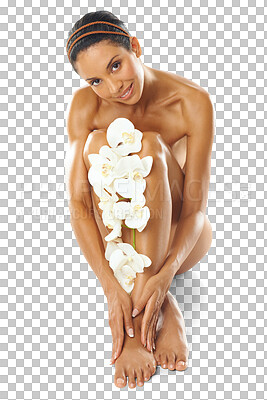 Buy stock photo Legs, flowers and skincare woman isolated on transparent, png background portrait for safe, soft and natural beauty. Floral and biracial person or model on floor with body care and dermatology above