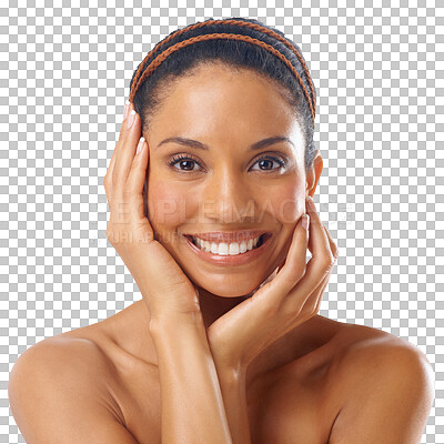 Buy stock photo Happy woman, portrait and and touch face for beauty, natural skincare and cosmetic wellness. Female, dermatology and smile for healthy aesthetic glow, shine and isolated on transparent png background