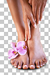 Spa girl and flower feet with hands on skin for luxury cosmetic treatment with manicure and pedicure nails. Healthy skincare of black woman with orchid for beauty, wellness and pamper lifestyle.isolated on a png background