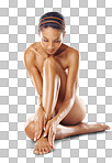 Legs, beauty skincare and naked woman in studio for aesthetic, hair removal or cosmetics promotion on mockup. Nude body, manicure and pedicure of model skin care, dermatology and luxury spa results isolated on a png background